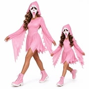 Ghost Horror Costume Screamy Girls Shimmer Ghost Costume, Pink Hooded Dress with Glitter Screaming Mask, Halloween Cosplay Dress Up Outfit