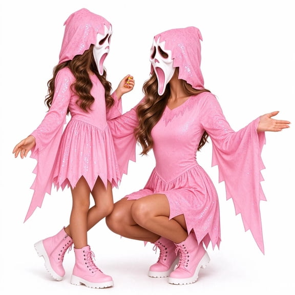 Ghost Horror Costume Screamy Pink Glitter Ghost Halloween Costume for Girls, Hooded Cosplay Dress with Mask, Spooky Horror Party Outfit