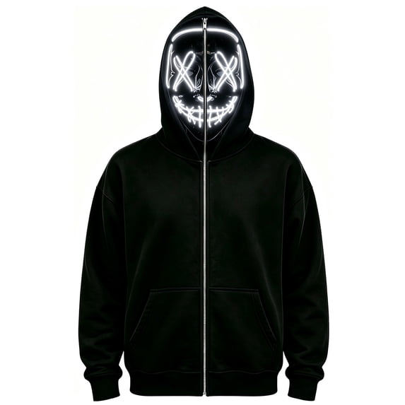 Ghost Face Full Zip Masked Hoodie, Black Long Sleeve Glowing Hooded Sweatshirt Outfit for Men Women Halloween