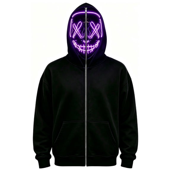 Ghost Face Full Zip Masked Hoodie, Black Long Sleeve Glowing Hooded Sweatshirt Outfit for Men Women Halloween