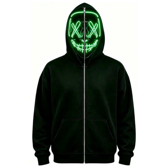 Ghost Face Full Zip Masked Hoodie, Black Long Sleeve Glowing Hooded Sweatshirt Outfit for Men Women Halloween