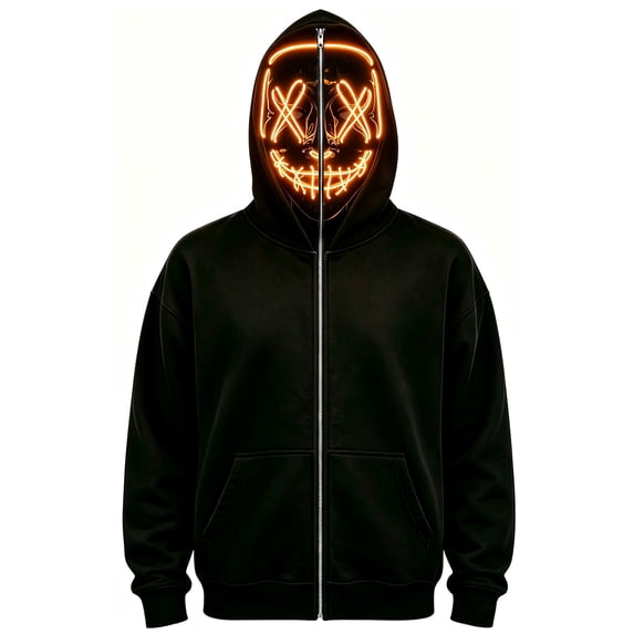 Ghost Face Full Zip Masked Hoodie, Black Long Sleeve Glowing Hooded Sweatshirt Outfit for Men Women Halloween