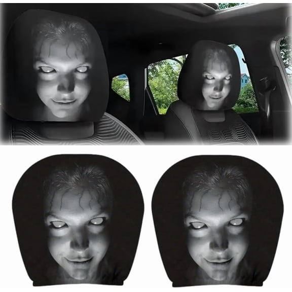 Ghost Face Headrest Covers 2Pcs Spooky Halloween Face Design Universal Fit Car Seat Protectors Breathable Polyester Funny Gift for Friends Halloween Party Decor (C)