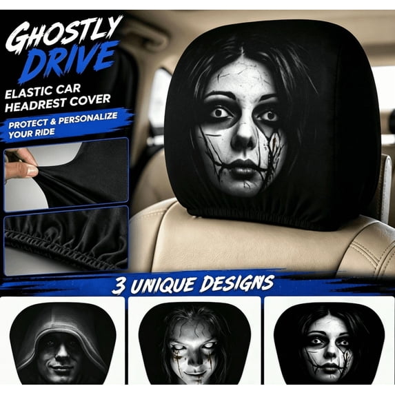 Ghost Face Headrest Covers for Cars,2Pcs Scary & Funny Cartoon Car Headrest Covers, Spooky Auto Head Rest Protector with Ghost Face Mask Design, for Vehicle Truck SUV