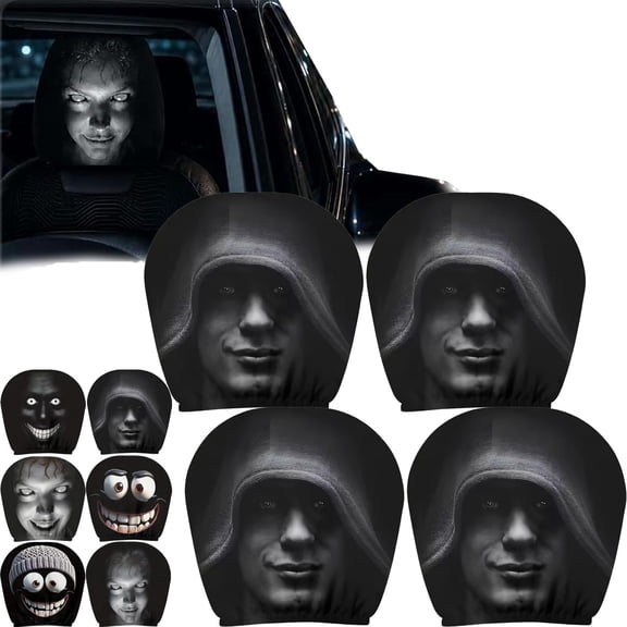 Ghost Face Headrest Covers for Cars, 4 Pcs Scary & Funny Cartoon Car Headrest Covers, Spooky Creepy Halloween Auto Head Rest Protector with Ghost Face Mask Design, for Vehicle Truck SUV,Set h