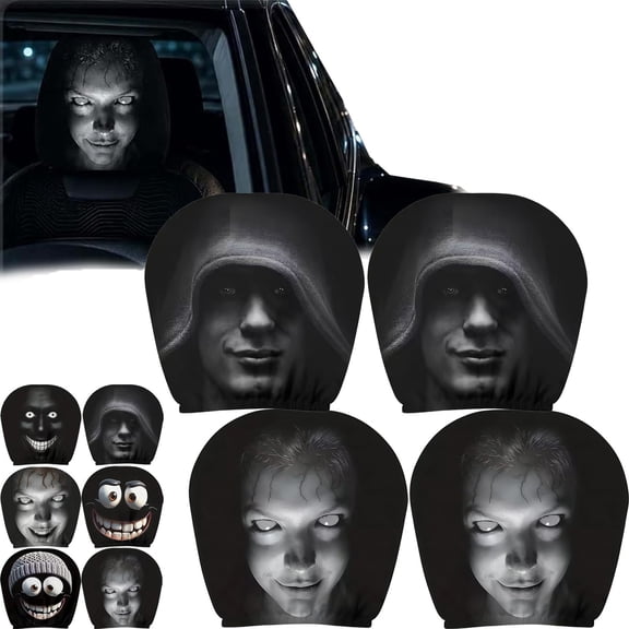 Ghost Face Headrest Covers for Cars, 4 Pcs Scary & Funny Cartoon Car Headrest Covers, Spooky Creepy Halloween Auto Head Rest Protector with Ghost Face Mask Design, for Vehicle Truck SUV