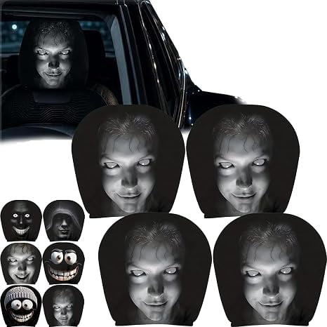 Ghost Face Headrest Covers for Cars, 4 Pcs Scary & Funny Cartoon Car Headrest Covers, Spooky Creepy Halloween Auto Head Rest Protector with Ghost Face Mask Design, for Vehicle Truck SUV