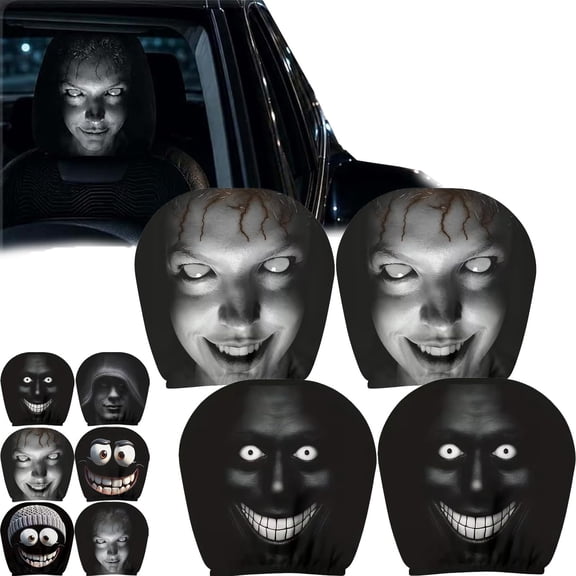 Halloween Ghost Face Headrest Covers for Cars, 4 Pack Funny Spooky Car Seat Headrest Decor, Stretch Fit Auto Interior Accessories for SUV, Truck & Vehicle Halloween Party
