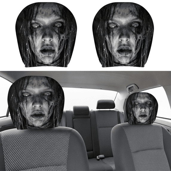 Ghost Face Headrest Covers Scary for Cars Funny Cartoon Cover Halloween Creative Smiling Car Devil Eye Faces Seat Spooky Polyester Design Stretchable Fabric Horrible Set Big Grinning(2PC, Style-C)