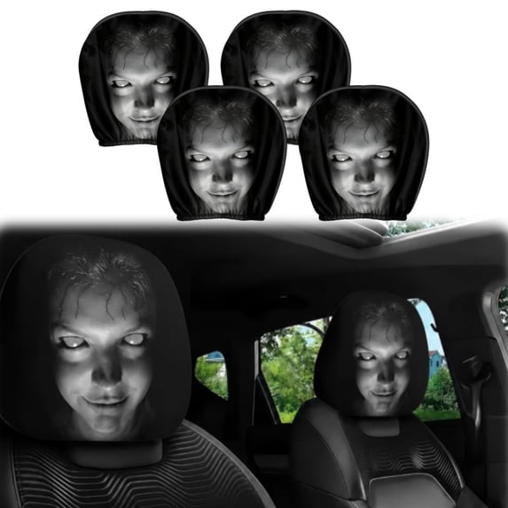 Ghost Face Headrest Covers, Scary Covers for Cars, Stretchy Seat Headrest Protector, Funny Cover for Auto, Vehicle, Truck, SUV, Washable Elastic Fabric, Interior Accessories(4pcs)