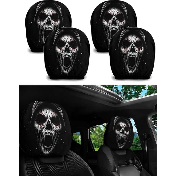 Ghost Face Headrest Covers, Scary Face Printing Auto Seat Universal Elastic Models Headrest Protector with Glowing-Eye Effects Cover Funny Decoration for Car Interior Vehicle Truck SUV(#H,4PC)