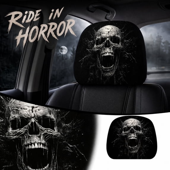 Ghost Face Headrest Covers, Scary Face Printing Auto Seat Universal Halloween Elastic Models Headrest Protector-Eye Effects Cover Funny Decoration for Car Interior Vehicle Truck SUV, 2PCS