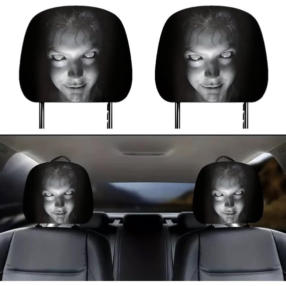 Ghost Face Headrest Covers Soft Elastic Spooky Ghost Pattern Snug Fit Seat Accessory For Halloween Auto Interior (2Pcs)