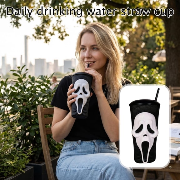 Ghost Face Movie Theme Travel Tumbler Cup with Lid, Reusable Coffee Mug for Home Office Movie Night Decorations