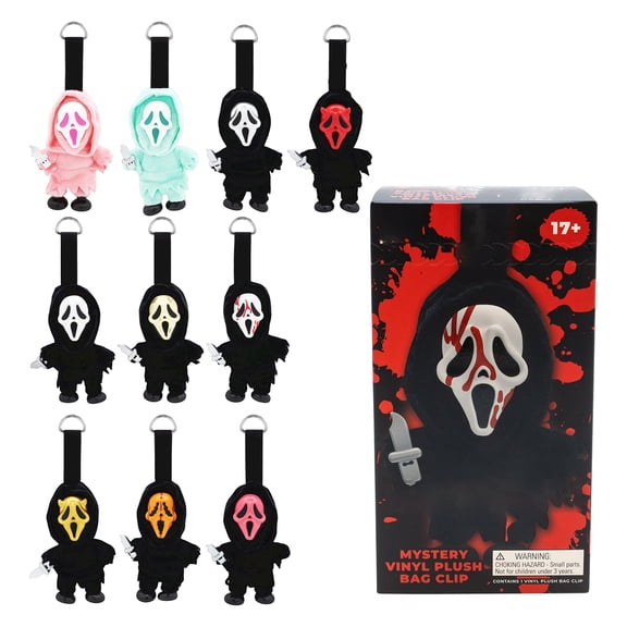 Ghost Face Mystery Plush Bag Clip, Mystery Blind Box Collectible, One Random Plush Key Ring, Halloween Backpack Ornament, Fun Surprise Gift for Kids & Teens