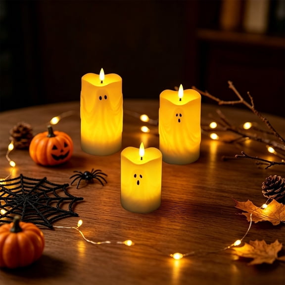 Ghost Face Shaped Columnar LED Electronic Paraffin Candle with Simulated Flame, Safe Flameless Table Lamp, Spooky Warm Decor for Halloween Fireplace Mantel Indoor Holiday Scene Layout