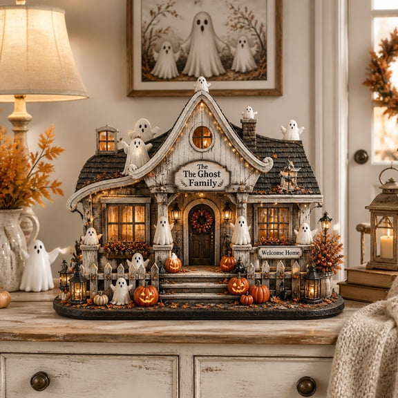 Ghost Family House Wooden Block 3 Layer Halloween Tabletop Home Decor