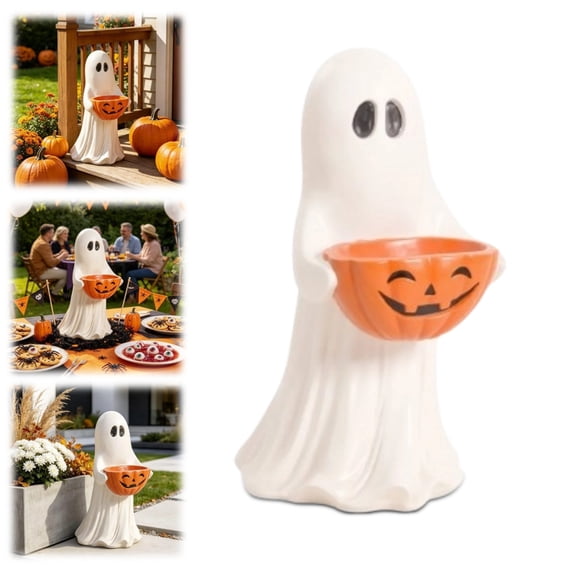 Ghost Figurine Halloween Decor, Resin Ghost Statue with Pumpkin Candy Bowl, Cute Spooky Trick-or-Treat Candy Holder Ornament for Mantel Tiered Tray Indoor Farmhouse Halloween Tabletop Display