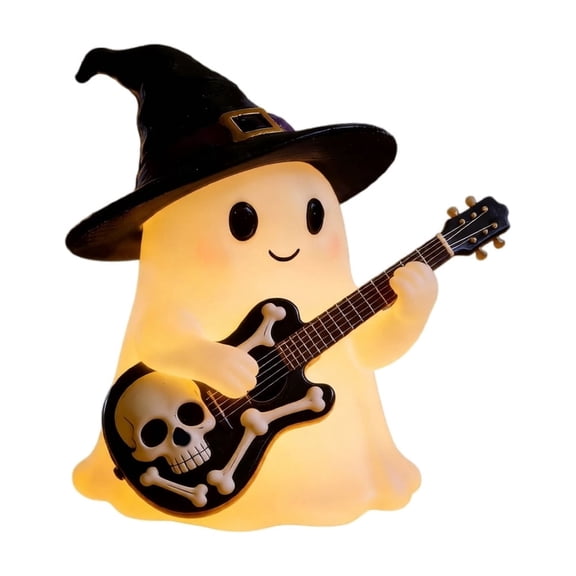 Ghost Figurine Night Light with Witch Hat Guitar Design for Halloween Tabletop Home Bedroom Decor Battery Operated