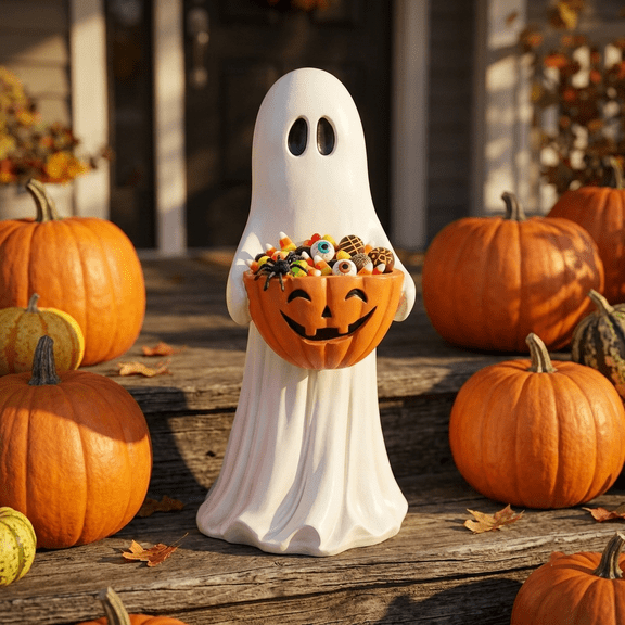 Ghost Figurine with Pumpkin Candy Bowl 11.8 Inch Halloween Decorative Statue for Front Porch Yard Outdoor Safe Weather Resistant Ghost Decoration Trick or Treat Candy Holder for Indoor Home Entryway