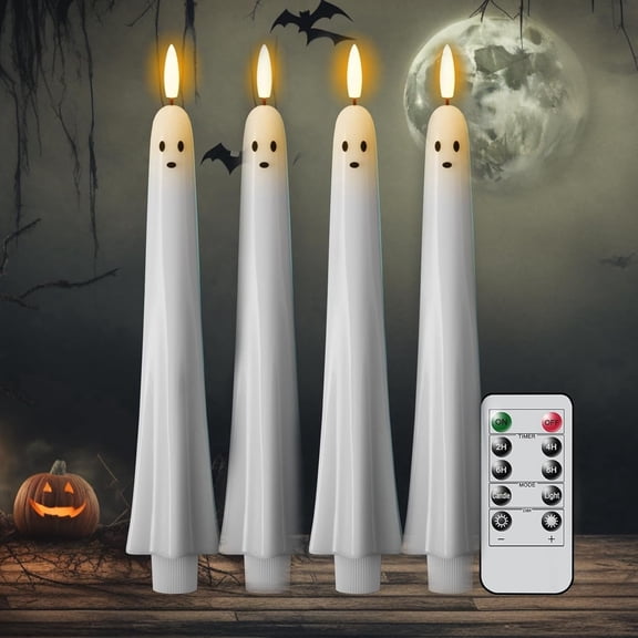 Ghost Flameless Candle Battery Operated, Fake Electric LED Tea Lights with Remote and Timer for Halloween,White Spooky Ghost Face,4pc