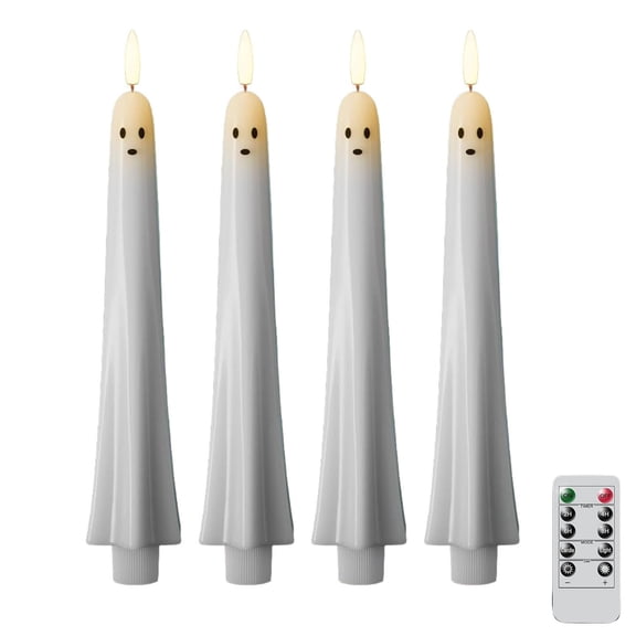Ghost Flameless LED Taper Candles with Remote Timer, Battery Powered Dripless Smokeless Halloween Candles For Home Table Mantel Window Fall Party Decor