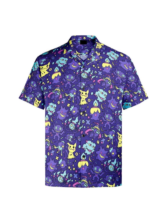 Ghost Gang Hawaiian Shirt for Men – Cool Purple Tropical Print, Comfortable Cartoon Gift Idea, Fun Button-Up Menswear for Summer, Beach, and Casual Wear | M