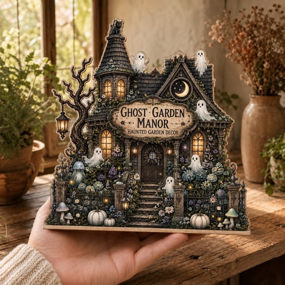 Ghost Garden Manor Wooden Block for Haunted Halloween Table Decor