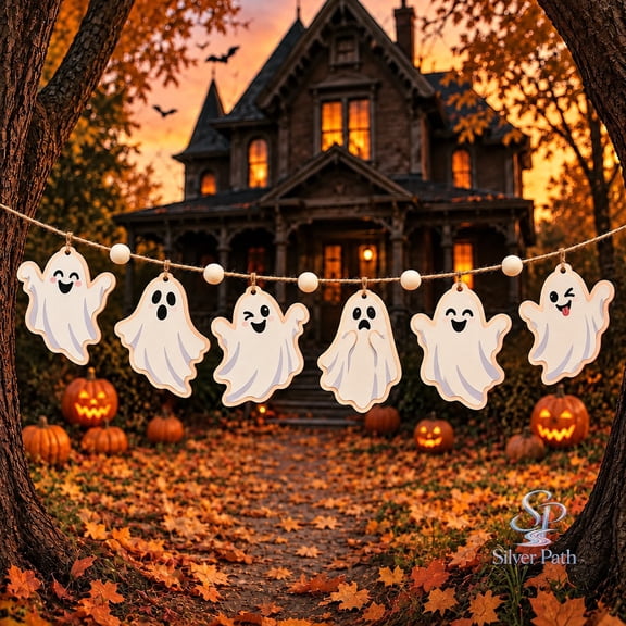 Ghost Ornament Wooden Garland, Cute Halloween Wooden Hanging Decor for Haunted House Party
