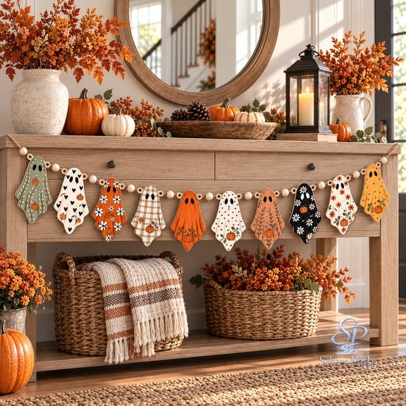 Ghost Garland, Cute Pumpkin Patch Wooden Mantel Hanging for Halloween and Fall