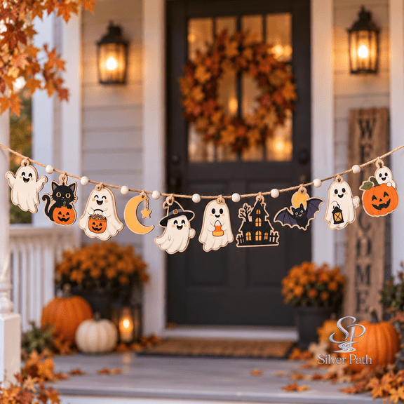 Ghost Ornament Wooden Garland, Halloween Spooky Wooden Bunting for Front Door Fall Party Decor