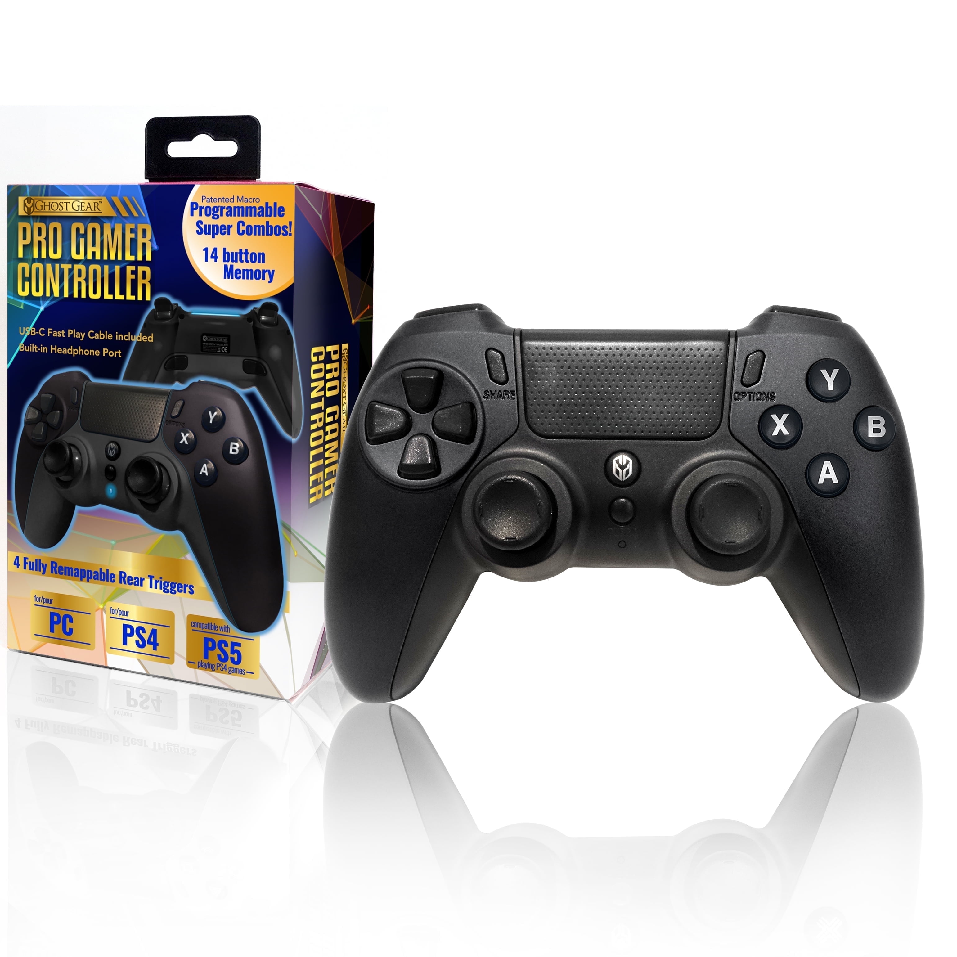 Ghost Gear PS4 Pro Controller Gamepad [Metallic Black] - High-Speed Wired Connectivity, Four Programmable Rear Triggers, Zero Latency Gameplay - for PC/PS4