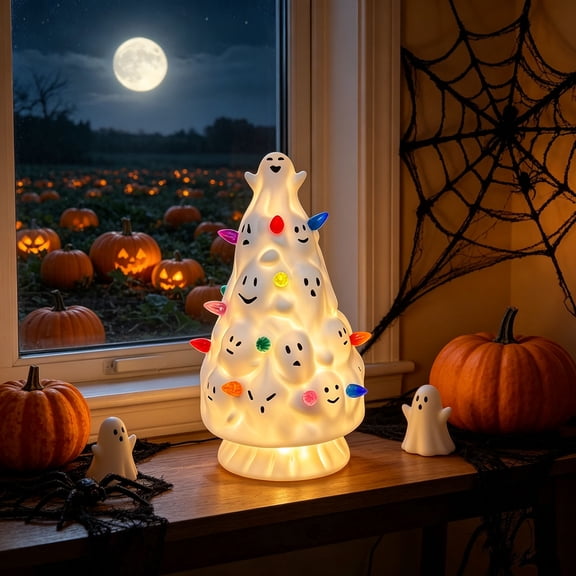 Ghost Ghost Tree LED Light Featuring Smiling Ghosts Lights And Pumpkin Accents, With Integrated Lighting And Decorative Display Structure, For Tabletop Shelf Mantel Entryway And Seasonal