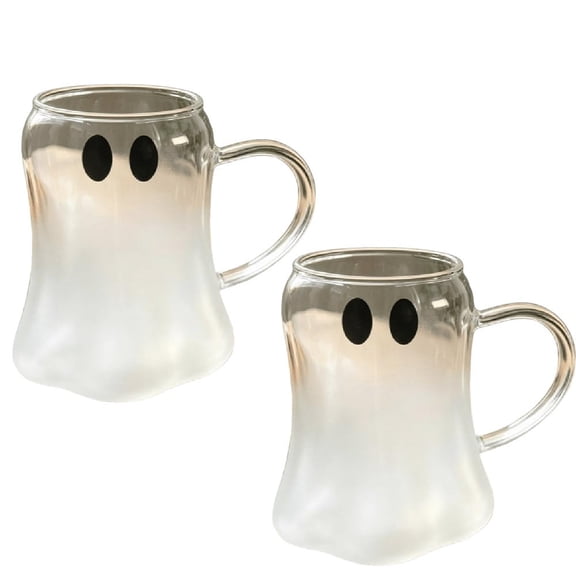 Ghost Glass Cup Set, 2 PCS Creative Cartoon Ghost Shaped Glass Mugs With Handle, High Borosilicate Drinking Cups For Coffee Tea Milk Halloween Theme Home Decor