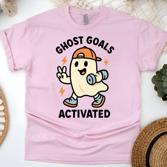 Ghost Goals Activated Shirt | Funny Ghost Workout Graphic Tee | Unisex Casual T-Shirt, Light Pink, Size XL