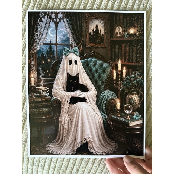 Ghost Gothic Black Cat Victorian Halloween Picture Wall Art Print, Seasonal Living Room And Home Decor