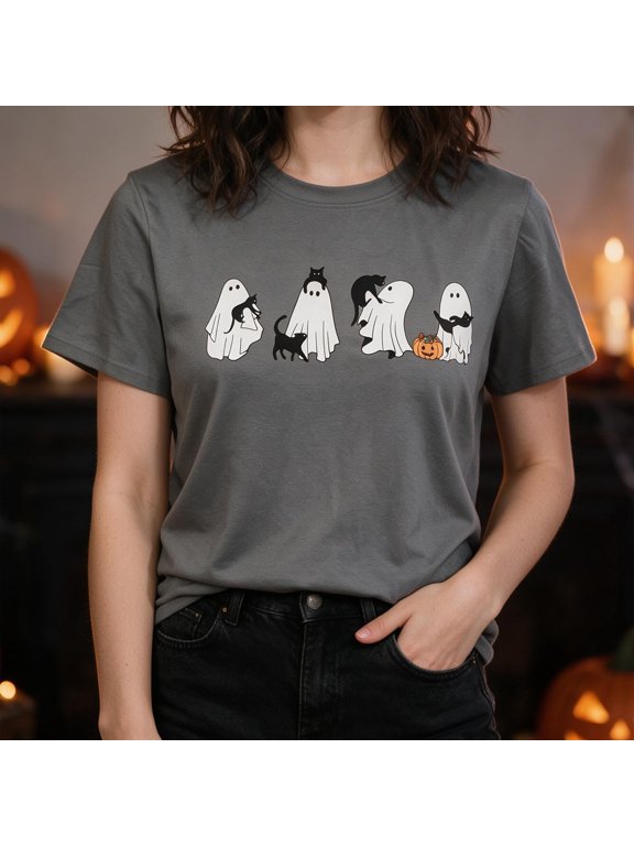 Ghost Graphic Shirt for Women Halloween Spooky Shirts Cute Cat Pumpkin Tees (Grey M)