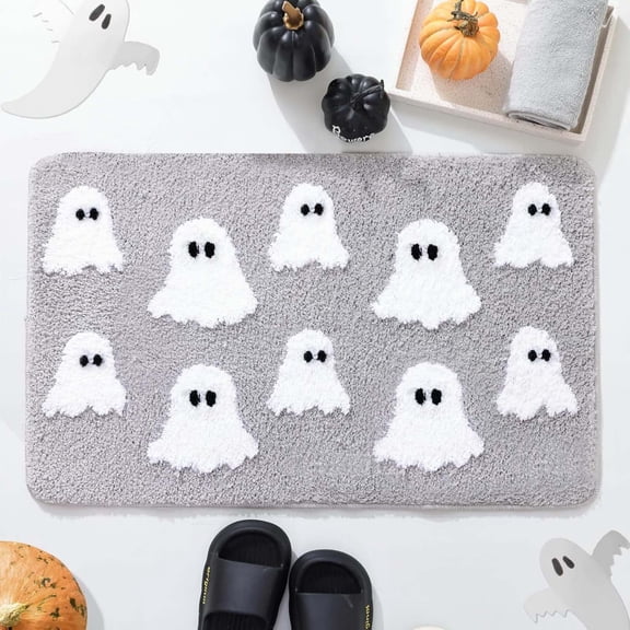 Ghost Halloween Bath Mat, Cute Spooky Bathroom Rug, Soft Non Slip Washable Shower Floor Mat for Fall Home Bedroom Decor, Grey, 35.43x23.62"