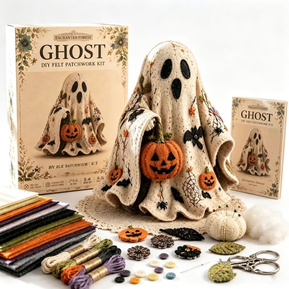 Ghost Halloween DIY Felt Patchwork Kit, Pre-Cut Fabric Ghost Sewing Craft Set, Beginner Hand Sewing Kit, Handmade Fall Decor