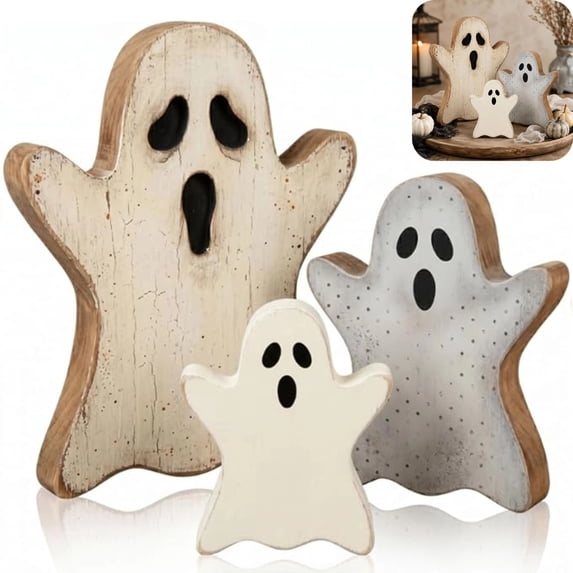 Ghost Halloween Decor 3 Pieces Farmhouse Wooden Tabletop Centerpiece Halloween Home Decor For Coffee Table Tiered Tray Cute Halloween Decor For Kitchen Office Holiday Display,B