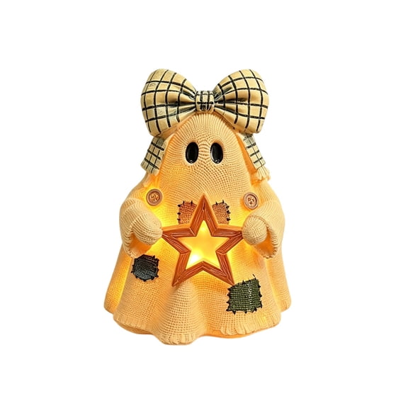 Ghost Halloween Decor,6 Inch Tall Ghost Figurine With Lighted ,Resin Decoration With Plaid Bow And Glowing Star,Battery Operated Spooky Tabletop Ornament For Home.(Ghost B)