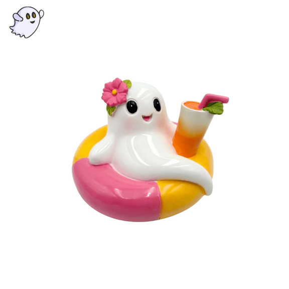 Ghost Halloween Decor, Beach Leisure Swim Ring Ghost Figurine, Cute Hand-Painted Ghost Decor, Mini Desktop Halloween Decorations For Kid Room Balcony.Summerween Decor