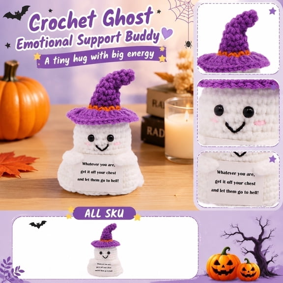 Ghost Halloween Decor, Cute Smiling Crochet Ghost with Purple Witch Hat, for Halloween Desk Office Tabletop Display, Fun Cheer Up Halloween Gift, Soft Hand Crocheted Yarn, 4X3.5