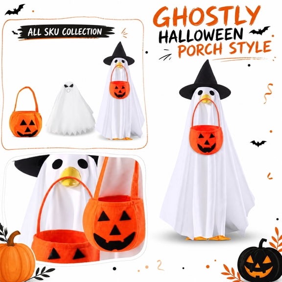 Ghost Halloween Decor, Goose Sized Ghost with Treat Basket, for Porch Goose Fall Holiday Display, Eye Catching Halloween Ghost Decorations for Yard, Soft Non Woven Fabric, 1