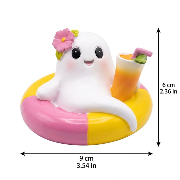 Ghost Halloween Decor, Pink Yellow Swim Ring Ghost Statue, Tropical Holiday Ghost Decor, Small Tabletop Halloween Decorations For Buffet Tray Cabinets.Summerween Decor