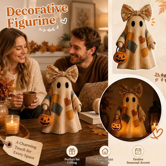 Ghost Halloween Decor, Pre-Lit Light Up Design with Warm Glow, for Vintage Fall Decor Rustic Mantel Entryway Accent, Unique Holiday Present, Patchwork Linen Fabric, 14 Inch Ghost