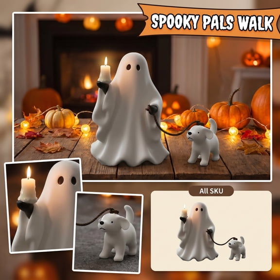 Ghost Halloween Decor, Whimsical Cute Ghost Decor with Dog Walking Design, Halloween Party Decorations for Table Desk Shelf, Dog Halloween Decor for Bedroom Indoor Display,