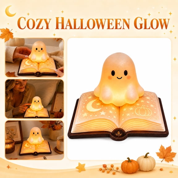 Ghost Halloween Decorations, Night Light Lamp, Halloween Bedroom Decor, Halloween Decor for Home, 5X4X4.5 Inch 1-Piece Ghost Figurine Light, Adorable Sitting Ghost on Moon Star