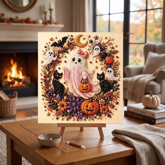 Ghost Halloween Diamond Pearl Art Kits for Adults, Ghost DIY Pearl Painting Ghost Diamond Spooky, 3D Crafts DIY Fall Home Decor for Wall, Party Gift