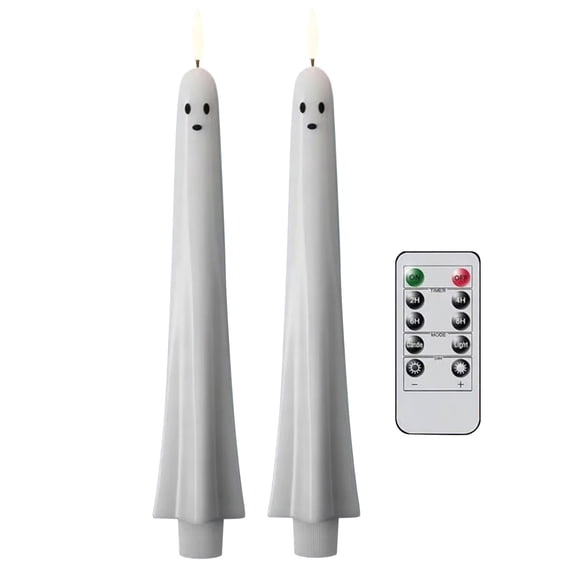 Ghost Halloween Flameless Taper Candles Battery Operated with Remote Timer Set of 2 White LED Flickering Candle Real Wax 3D Wick Long Lasting Spooky Dinner Indoor Decor